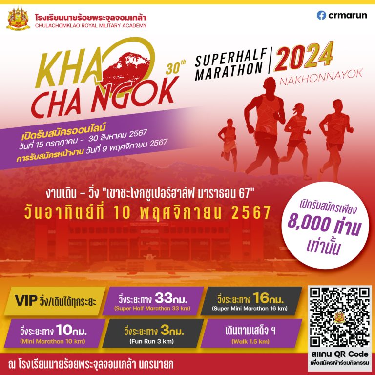 งานเดิน – วิ่ง “เขาชะโงก ซูเปอร์ฮาล์ฟ มาราธอน 67” ณ โรงเรียนนายร้อยพระจุลจอมเกล้า เปิดรับสมัครออนไลน์ 15 ก.ค. – 30 ส.ค. 67